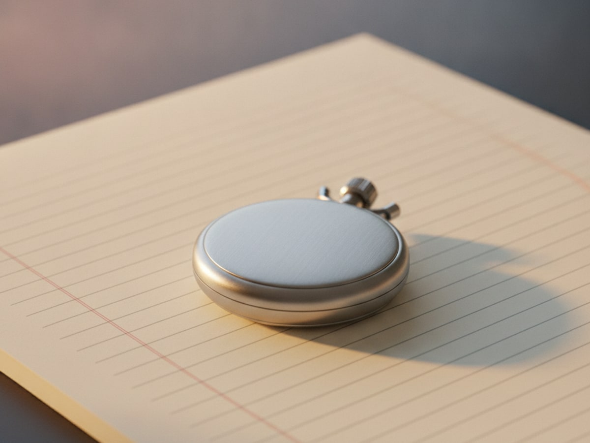 A small stopwatch resting on an otherwise empty ledger page