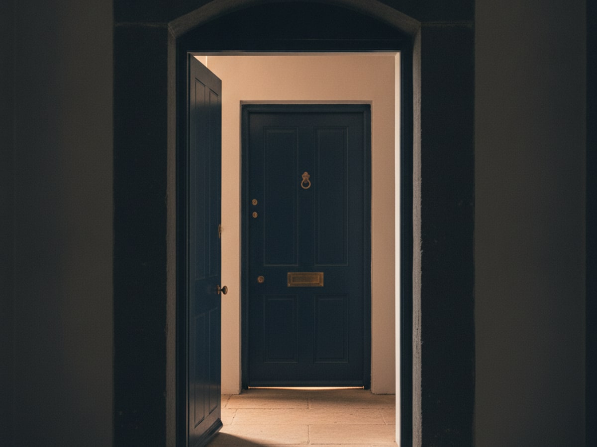 A door standing open with a second closed door visible behind it