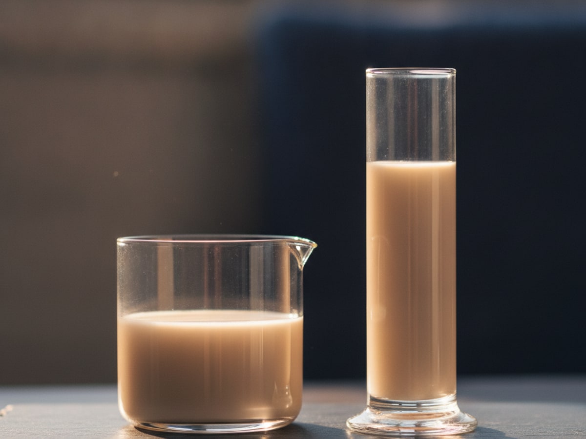 Two measuring vessels of different sizes holding the same volume of liquid